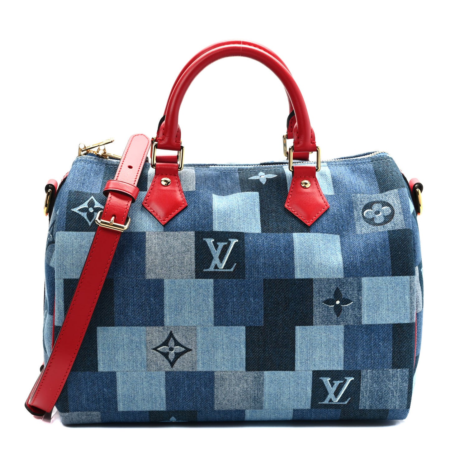 Denim Damier Monogram Patchwork Speedy Bandouliere 30 Blue Rouge