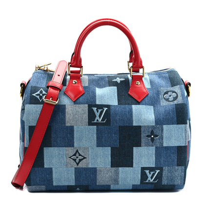 Louis Vuitton Denim Damier Monogram Patchwork Speedy Bandouliere 30 Blue Rouge 1 of 9