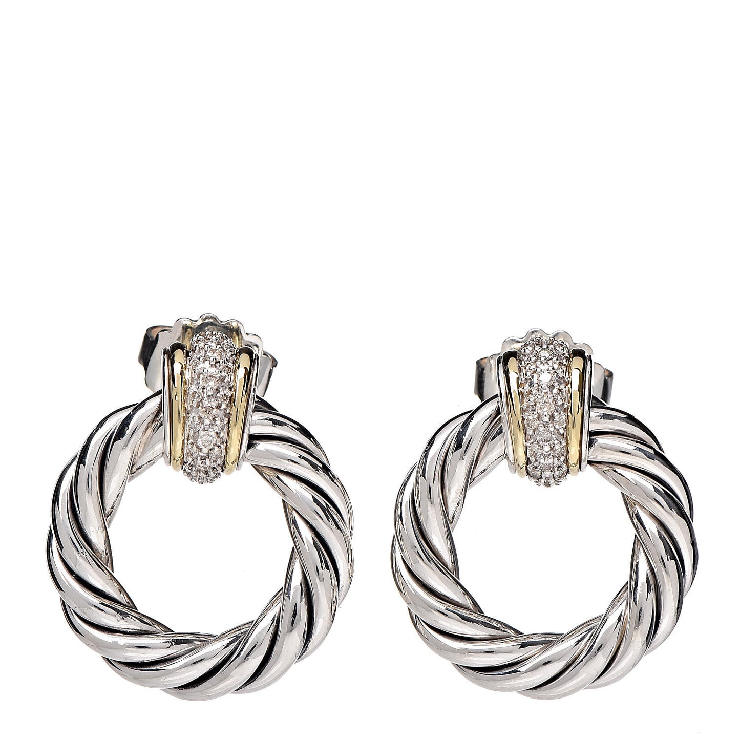 Sterling Silver Yellow Gold Diamond Door Knocker Cable Earrings