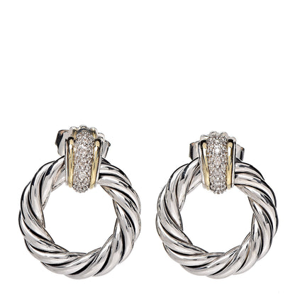 David Yurman Sterling Silver Yellow Gold Diamond Door Knocker Cable Earrings 1 of 5