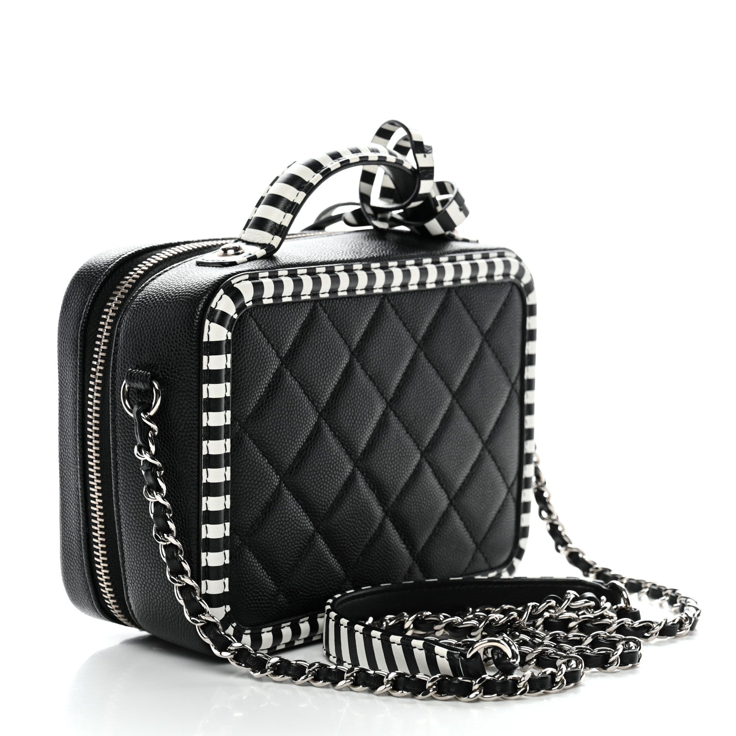 Chanel Caviar Quilted Striped Small CC Filigree Vanity Case Black White 2 of 9