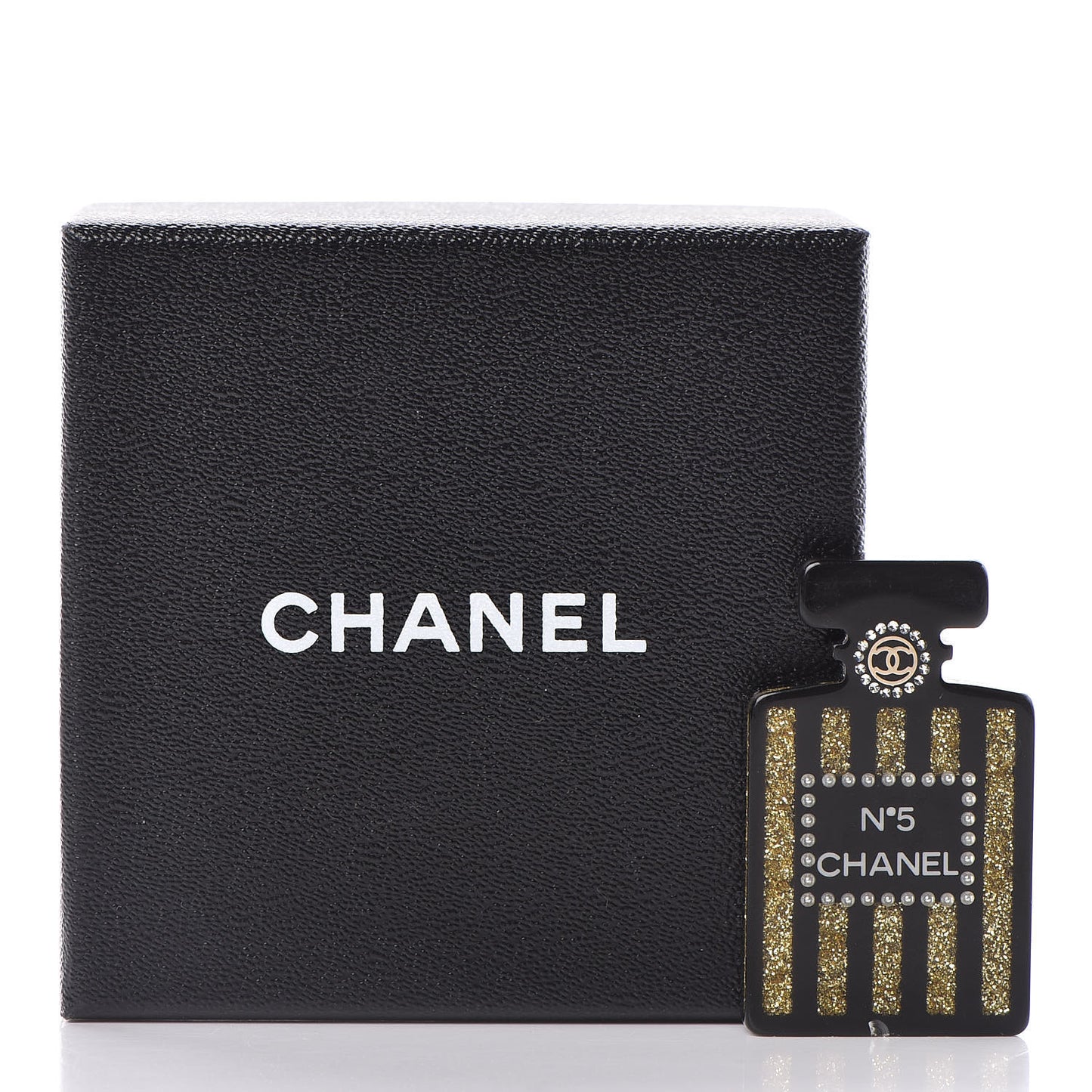 Resin Strass Perfume Bottle CC Brooch Black Gold