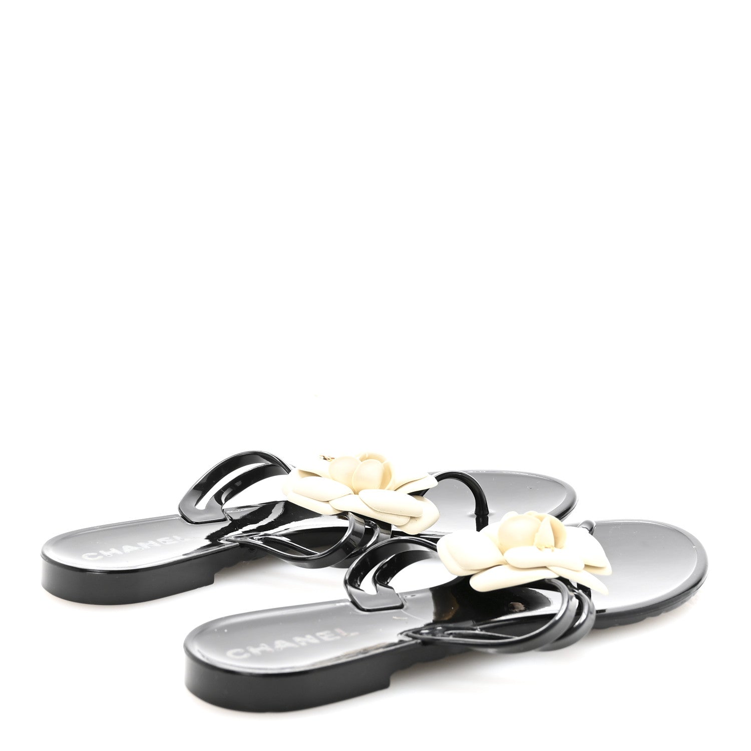 Chanel Jelly Camellia Thong Sandals 38 Black Ivory 5 of 8