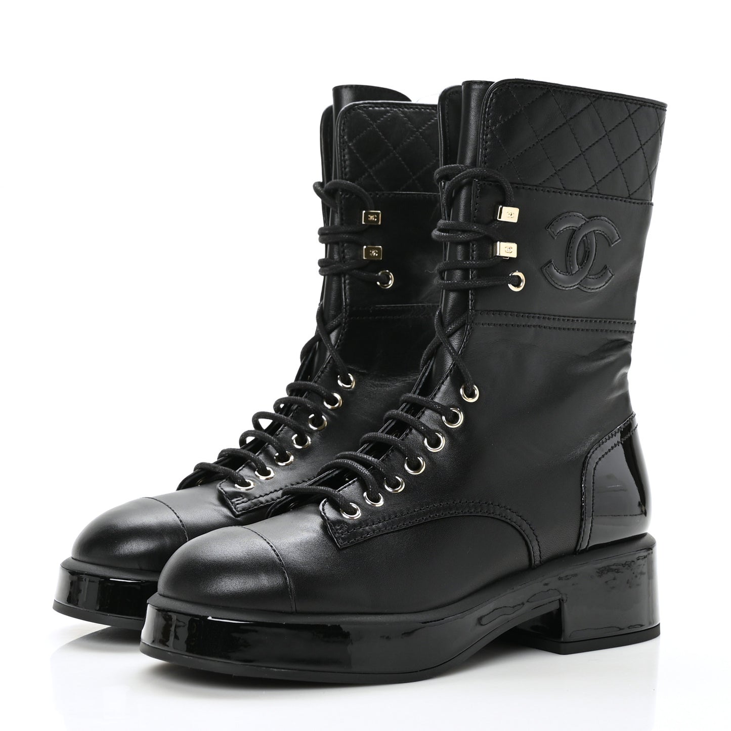 Calfskin Patent Quilted CC Lace Up Combat Boots 38 Black