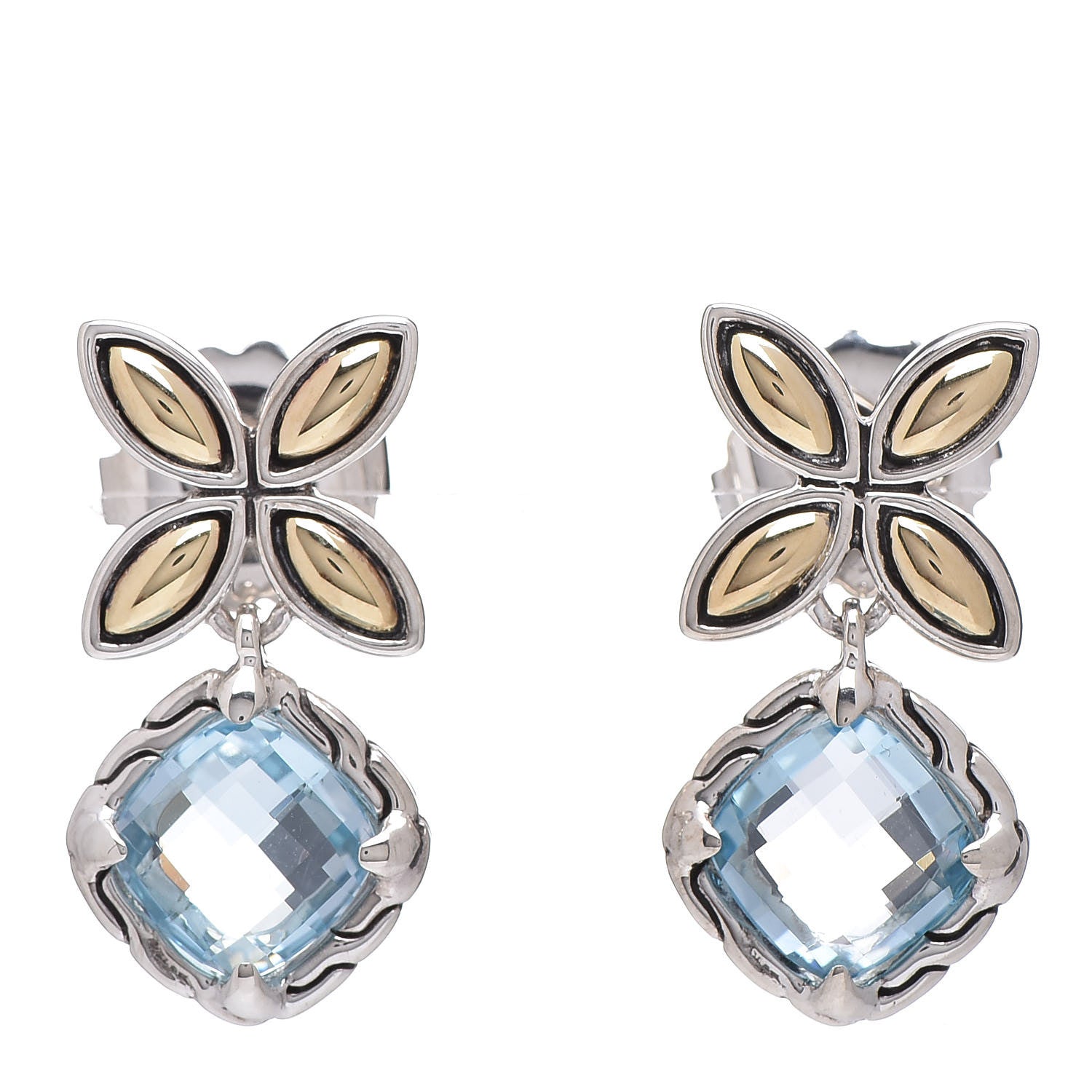John Hardy Sterling Silver 18K Yellow Gold Blue Topaz Batu Kawung Drop Earrings 1 of 4