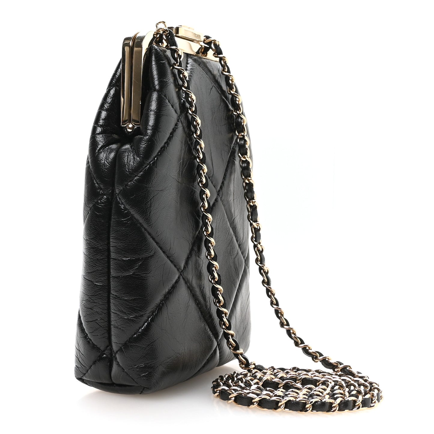 Shiny Aged Lambskin Quilted Kiss Lock Clutch With Chain Black