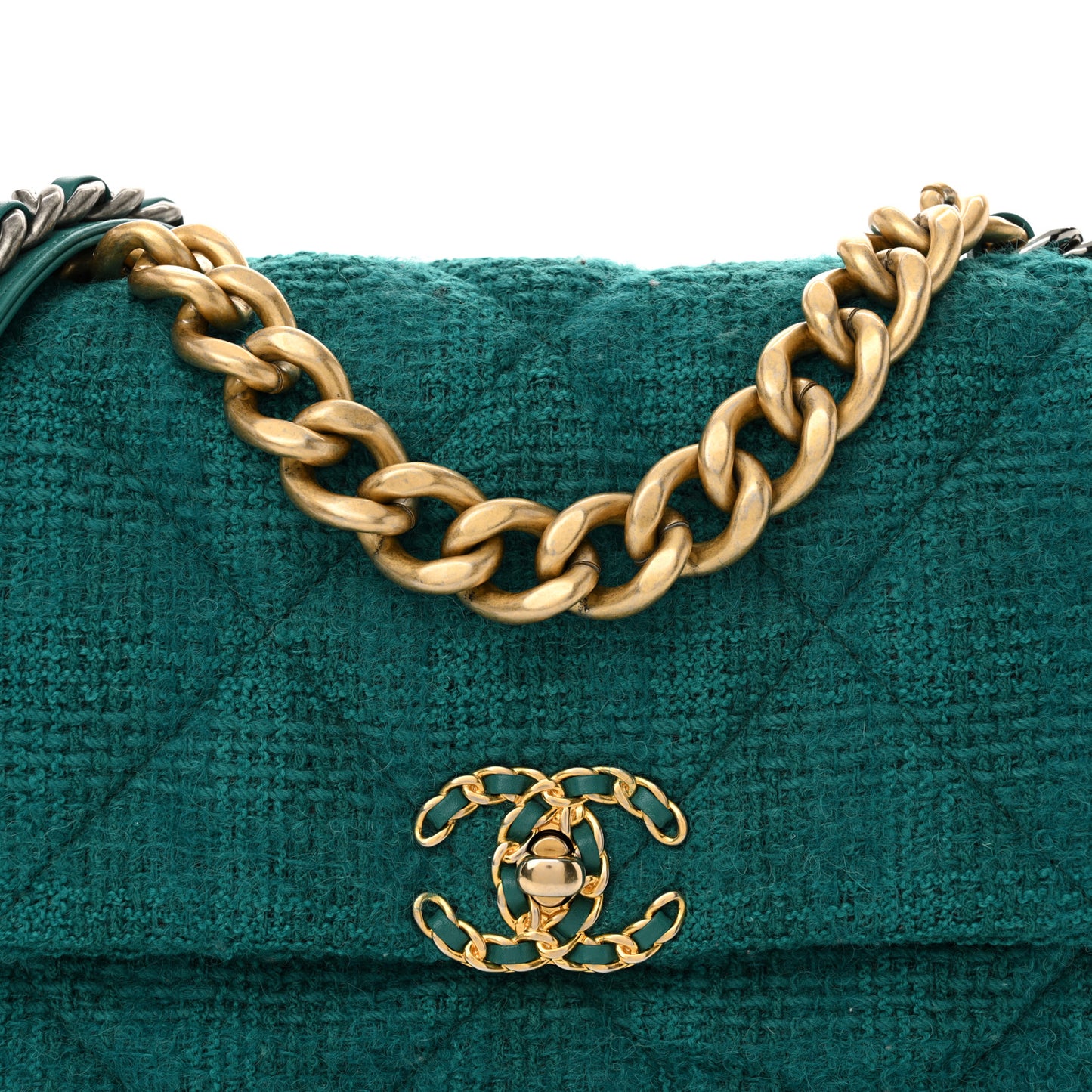 Tweed Quilted Large Chanel 19 Flap Green