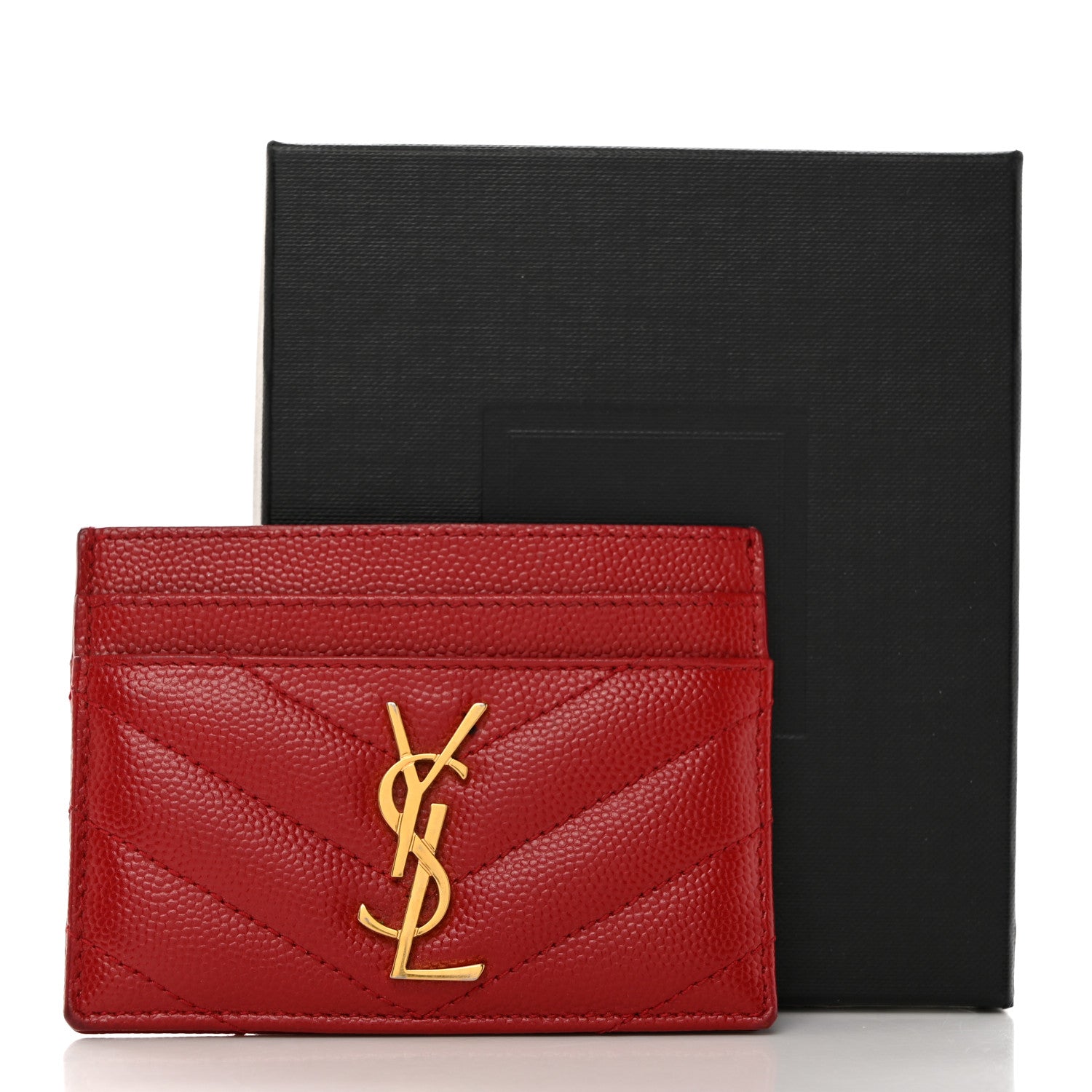 Saint Laurent Grain De Poudre Matelasse Chevron Monogram Credit Card Case New Red 10 of 10