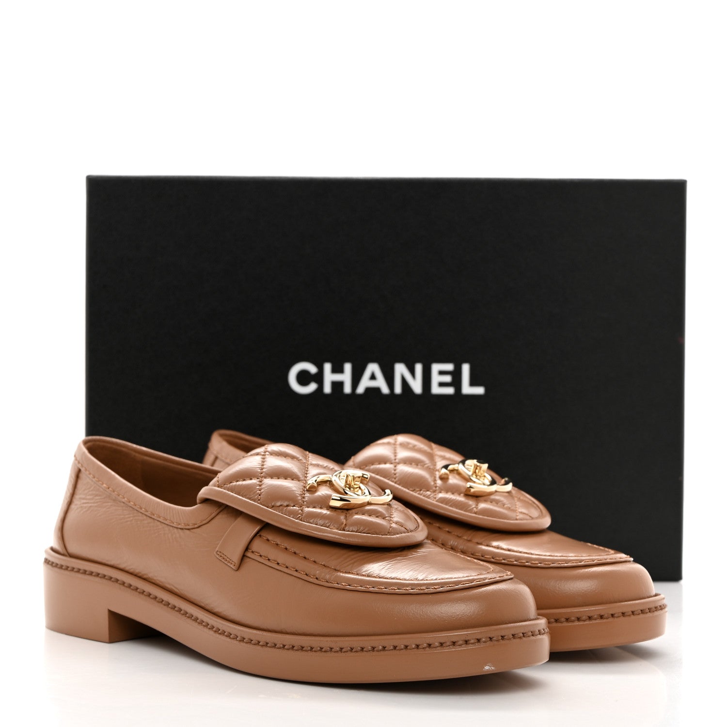 Chanel Lambskin Quilted CC Turnlock Moccasins 37.5 Dark Beige 10 of 10