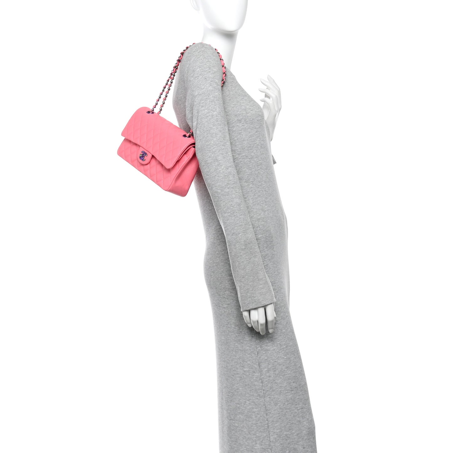 Caviar Quilted Rainbow Medium Double Flap Coral Pink