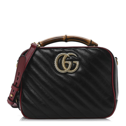 Gucci Vintage Effect Calfskin Matelasse Diagonal Small Torchon GG Marmont Bamboo Top Handle Shoulder Bag Black Romantic Cherry 1 of 10