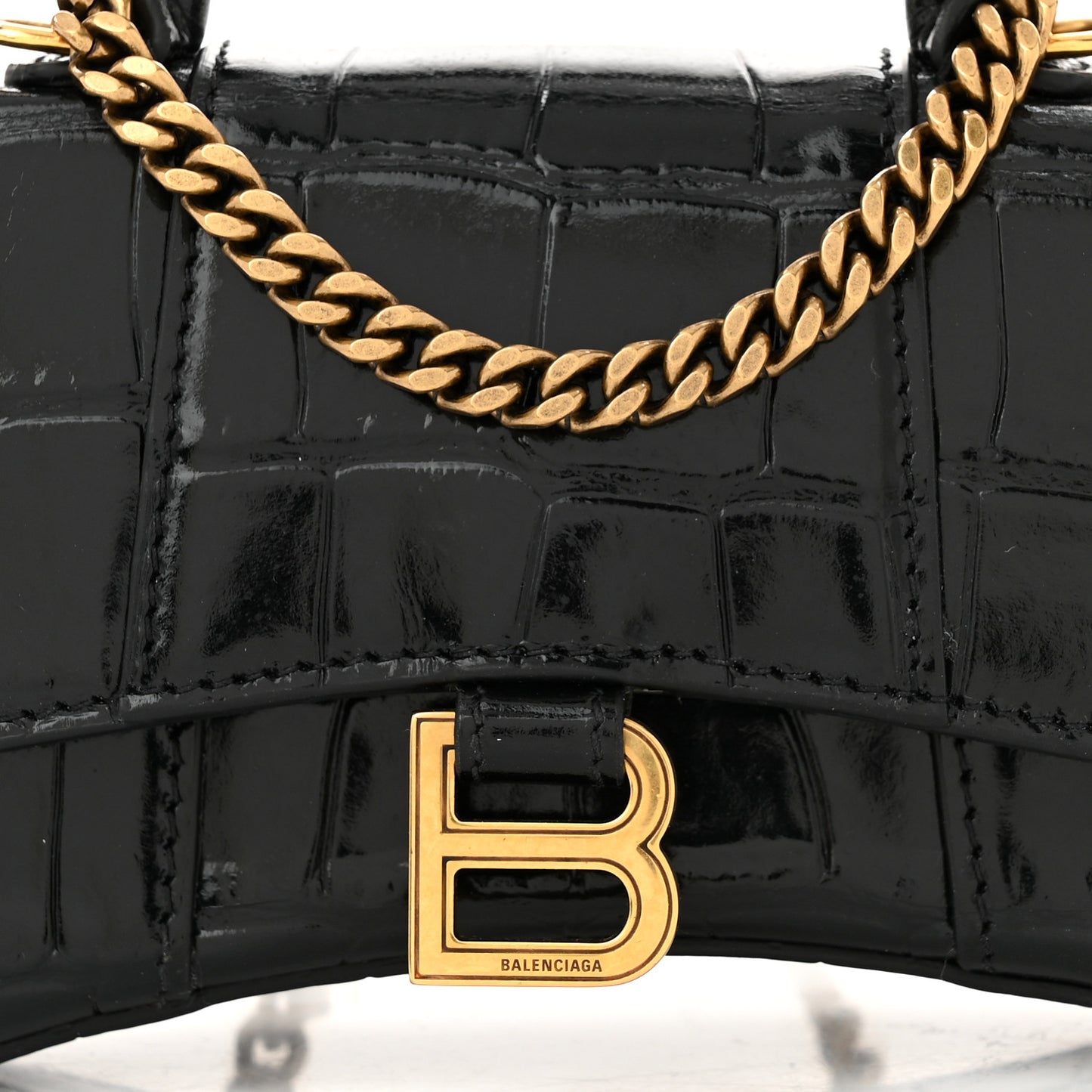 Shiny Calfskin Crocodile Embossed Hourglass Top Handle Bag Mini with Chain Black