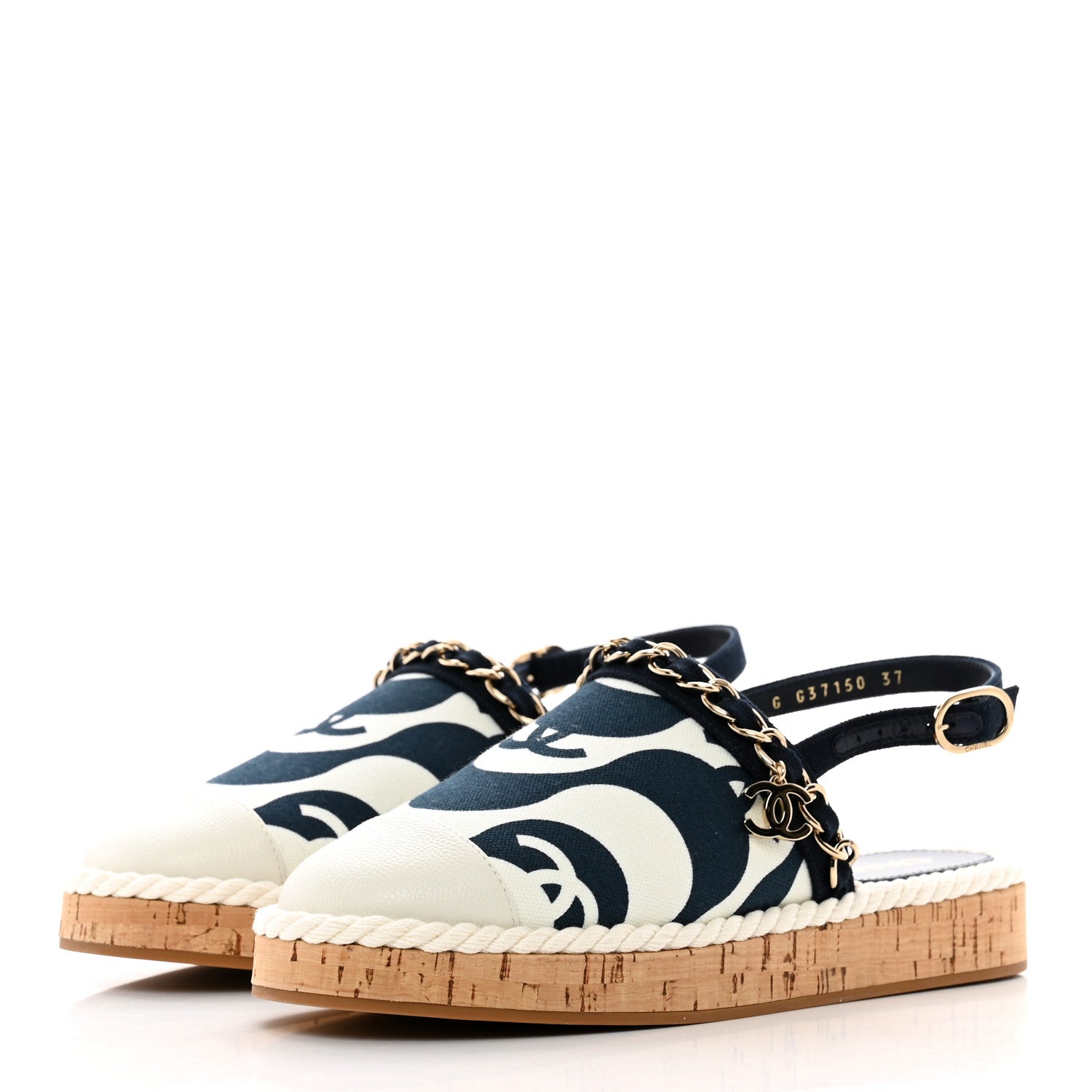 Chanel Lambskin Cotton Cork Printed Cap Toe Chain Mules Sandals 37 Navy White 3 of 9
