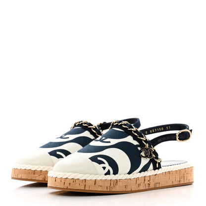 Chanel Lambskin Cotton Cork Printed Cap Toe Chain Mules Sandals 37 Navy White 3 of 9