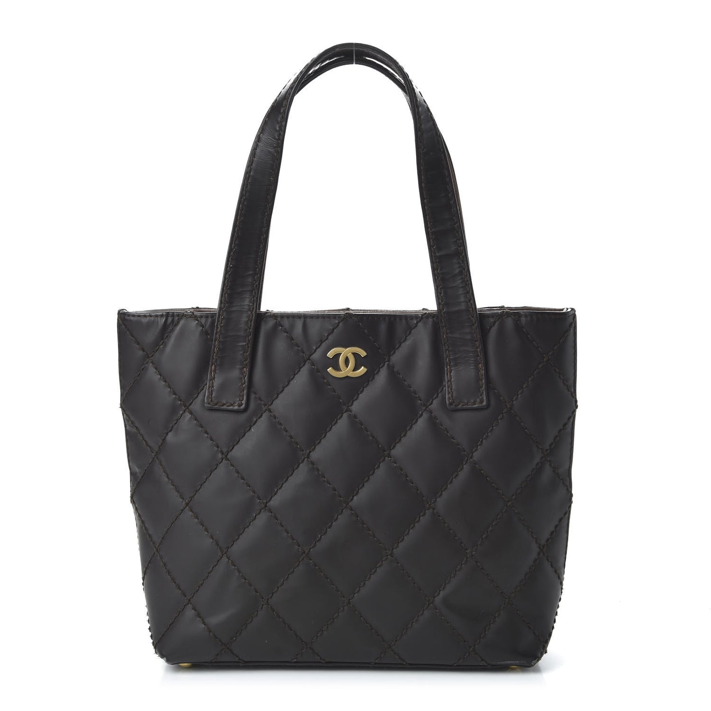 Glazed Calfskin Quilted Tote Brown
