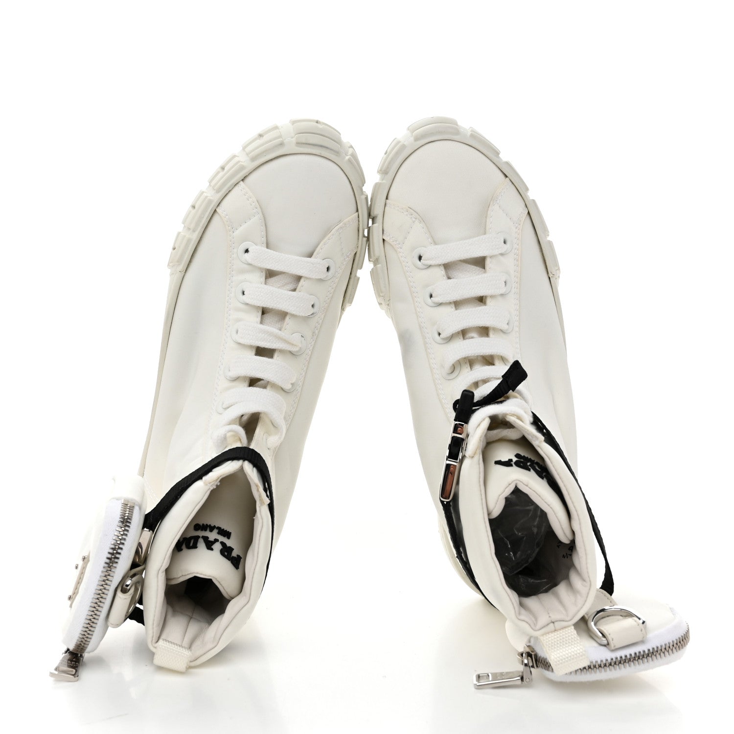 Prada Re-Nylon Gabardine Metal Triangle Logo Wheel Pouch Pocket High Top Sneakers 38.5 White 2 of 9