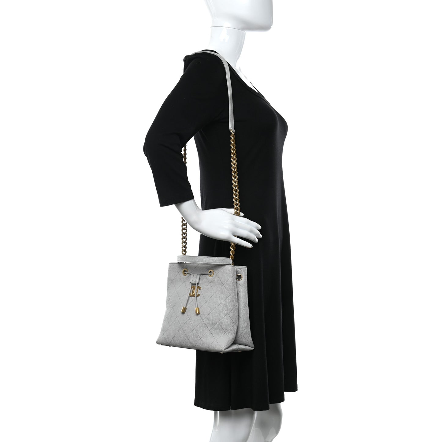 Caviar Diamond Stitched CC Bucket Drawstring Bag Light Grey