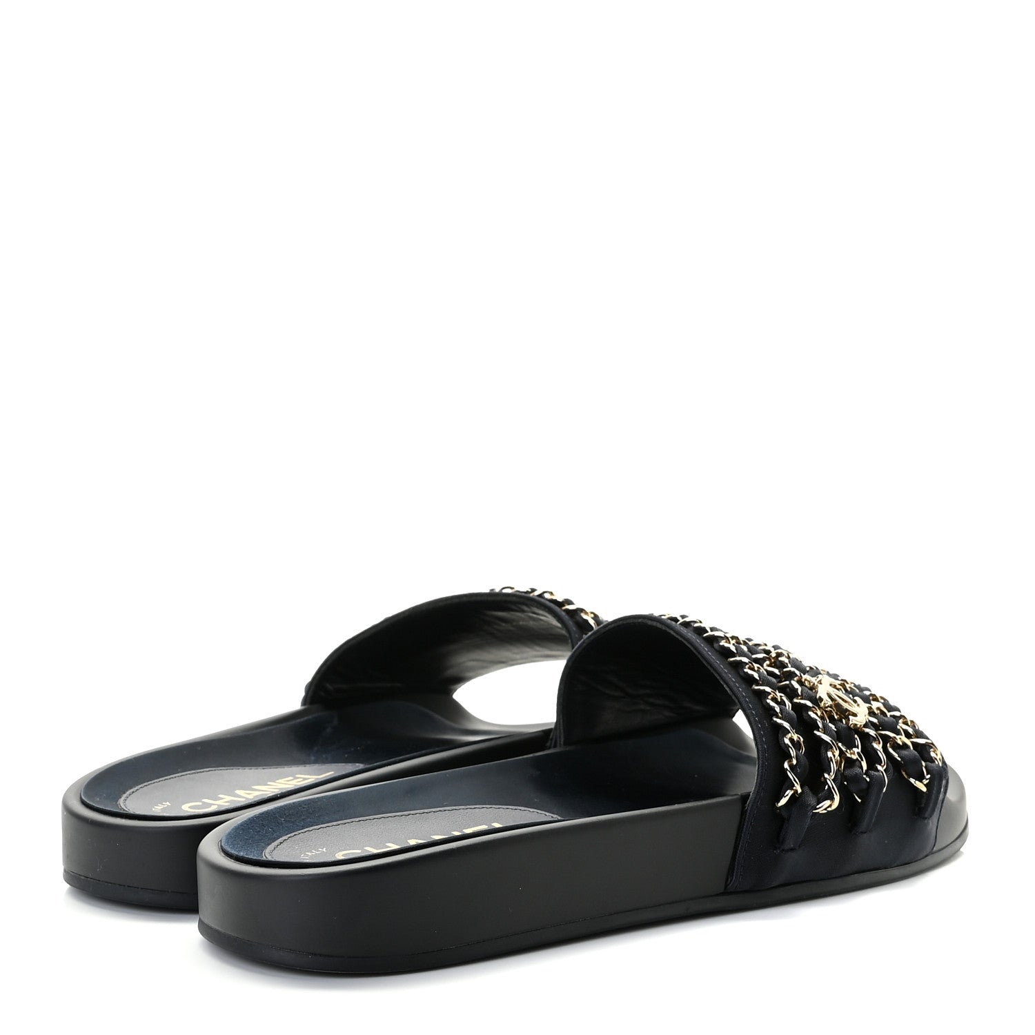 Chanel Satin Canvas Chain Slides Sandals Flats 38 Marine 3 of 8