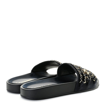 Chanel Satin Canvas Chain Slides Sandals Flats 38 Marine 3 of 8