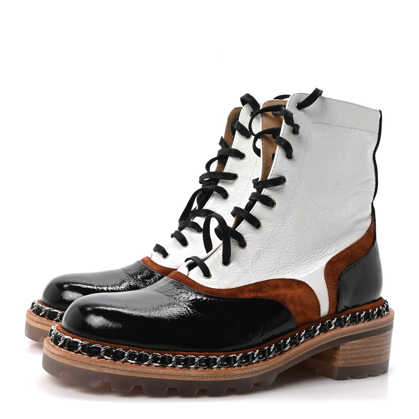 Patent Suede Lace Up Chain Boots 37 White Light Brown Black