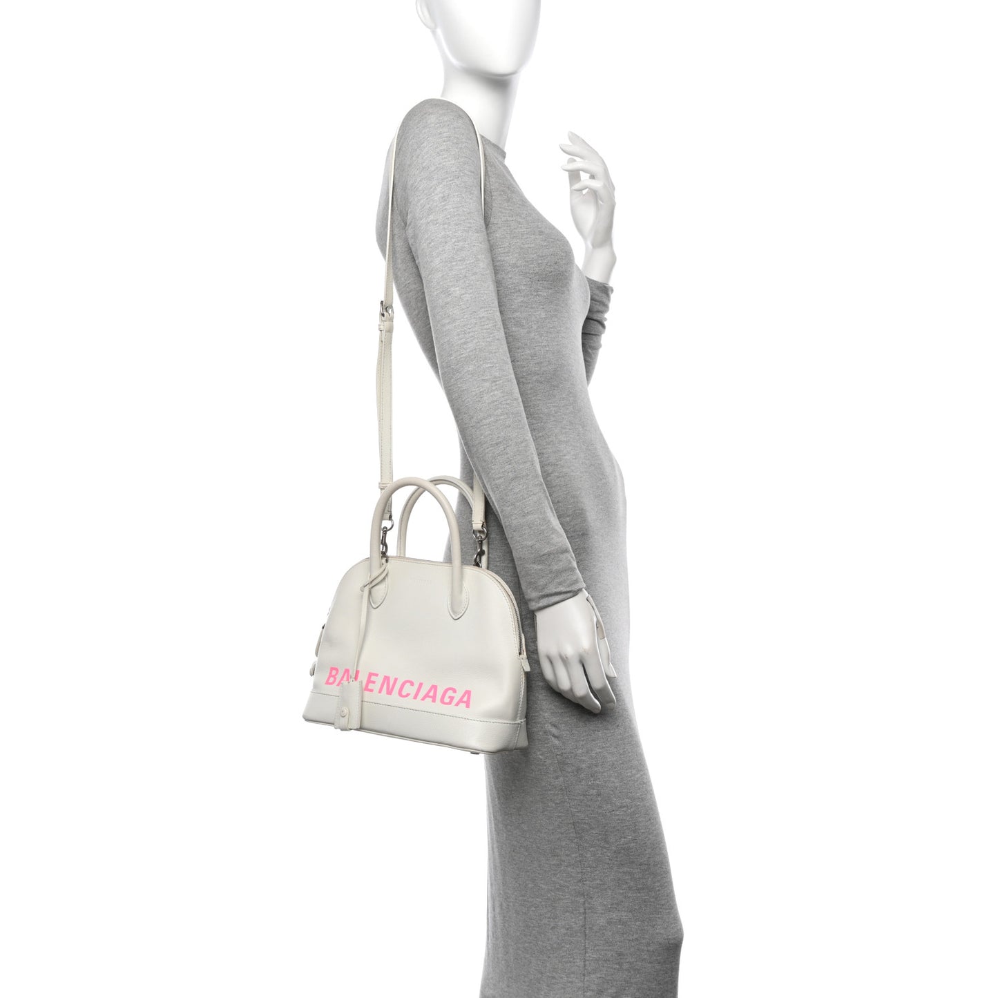 Grained Calfskin Logo S Ville Top Handle Bag White Fluo Pink