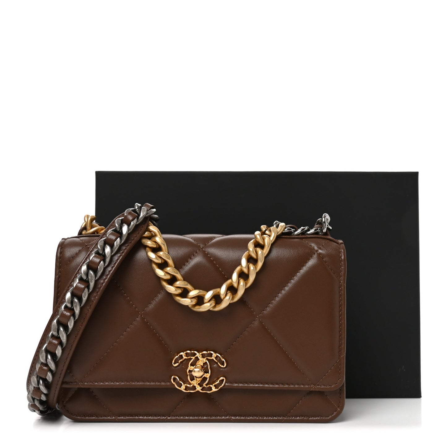 Lambskin Quilted Chanel 19 Wallet On Chain WOC Brown