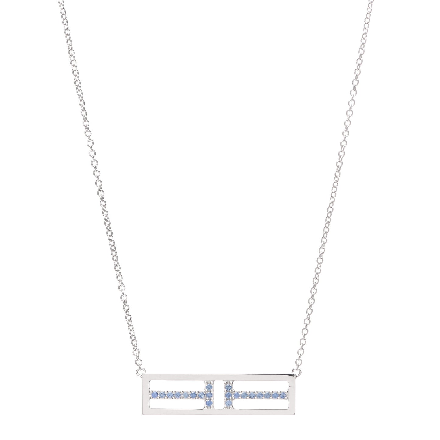 18K White Gold Blue Sapphire T Open Horizontal Bar Pendant Necklace