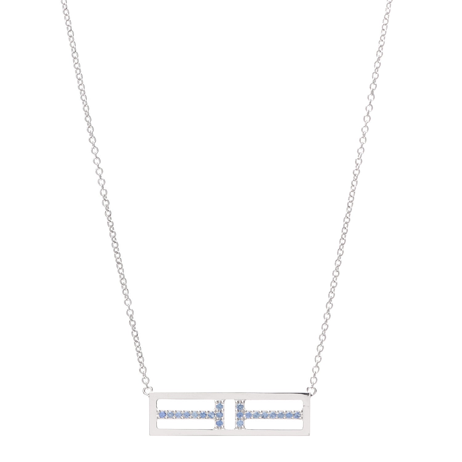 Tiffany 18K White Gold Blue Sapphire T Open Horizontal Bar Pendant Necklace 1 of 6