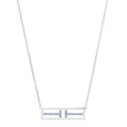 Tiffany 18K White Gold Blue Sapphire T Open Horizontal Bar Pendant Necklace 1 of 6