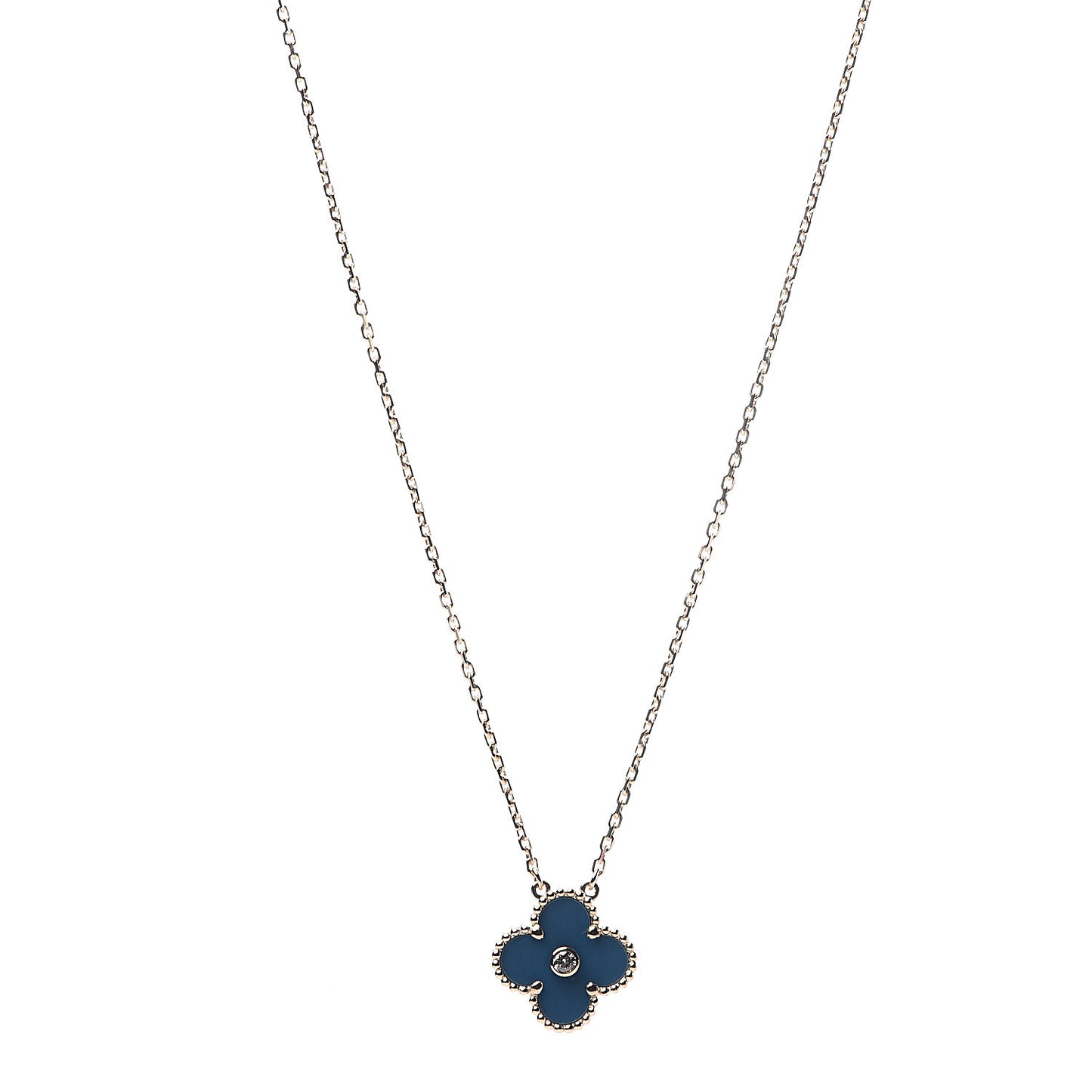 18K Yellow Gold Diamond Celestial Blue Sevres Porcelain Vintage Alhambra Pendant Necklace