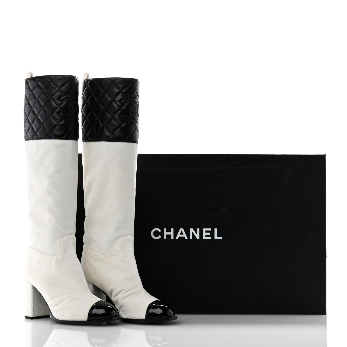 Velvet Lambskin Patent Cap Toe Quilted High Boots 38 White Black
