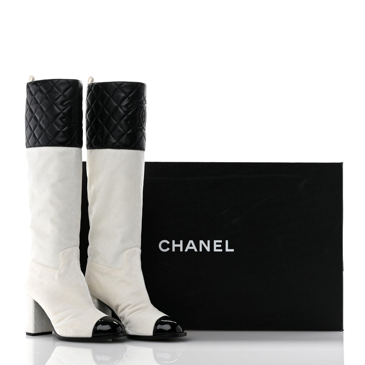 Chanel Velvet Lambskin Patent Cap Toe Quilted High Boots 38 White Black 10 of 10