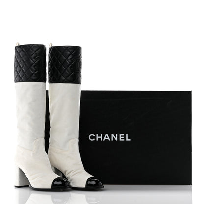 Chanel Velvet Lambskin Patent Cap Toe Quilted High Boots 38 White Black 10 of 10