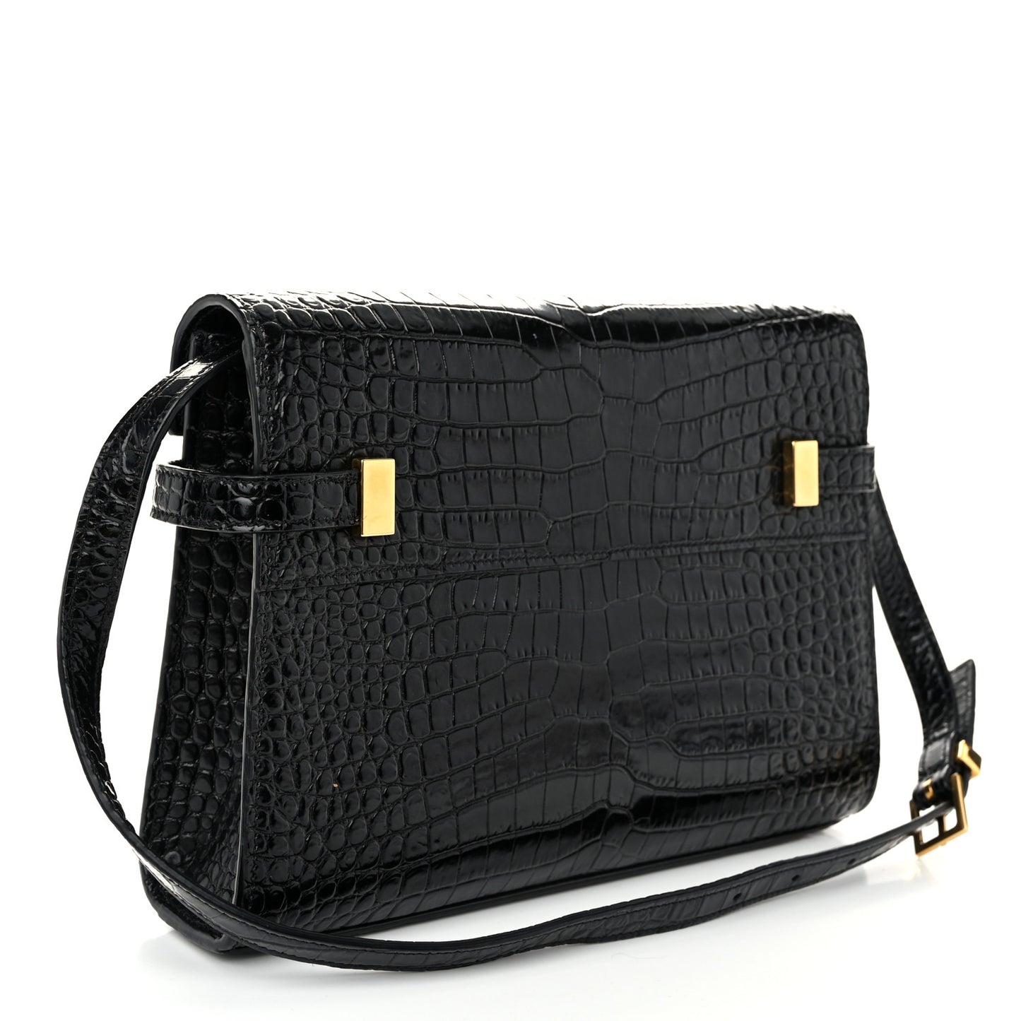 Shiny Calfskin Crocodile Embossed Small Manhattan Baguette Black