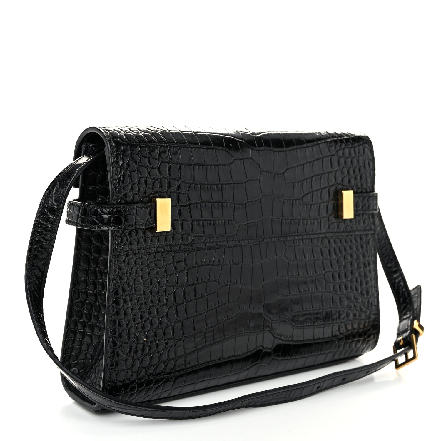 Saint Laurent Shiny Calfskin Crocodile Embossed Small Manhattan Baguette Black 3 of 10