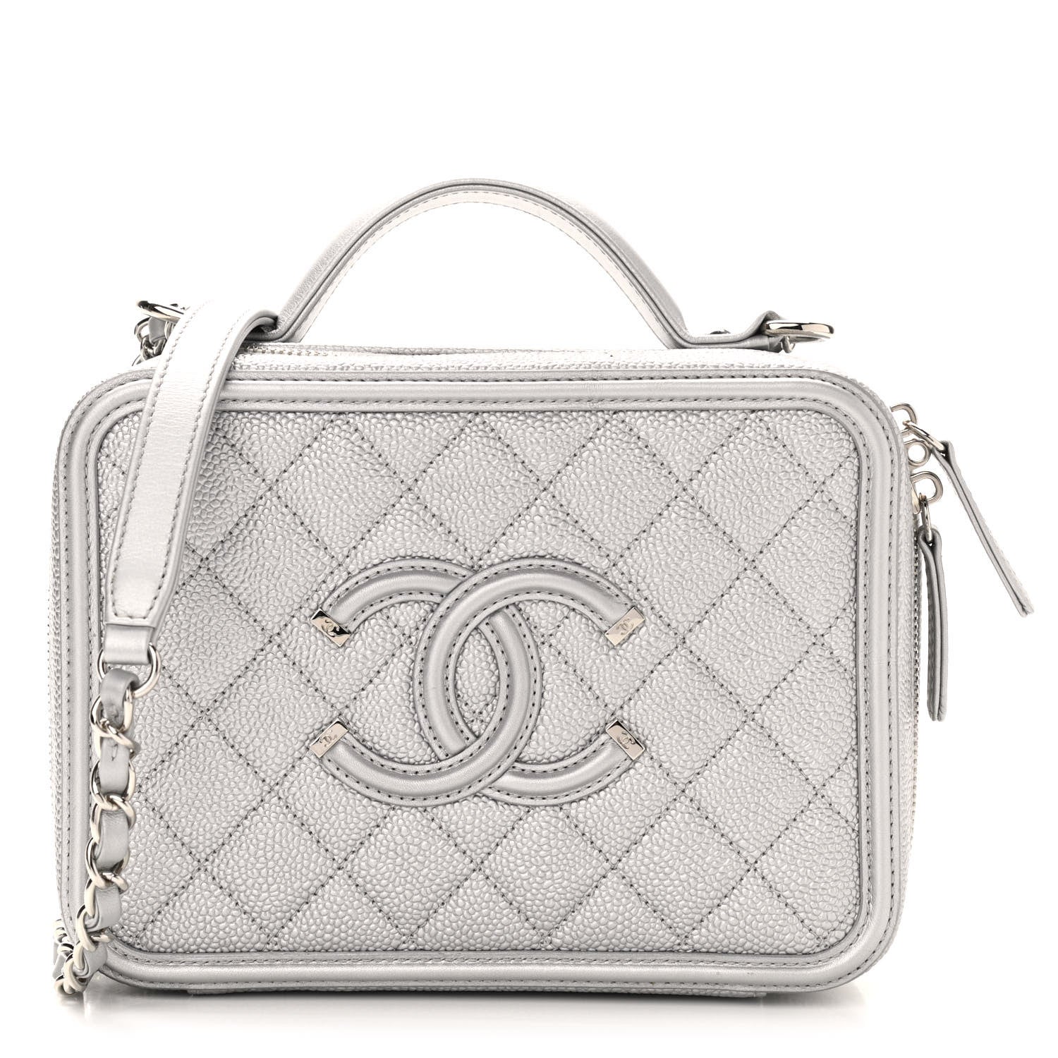 Chanel Metallic Caviar Quilted Medium CC Filigree Vanity Case Silver 1 of 10