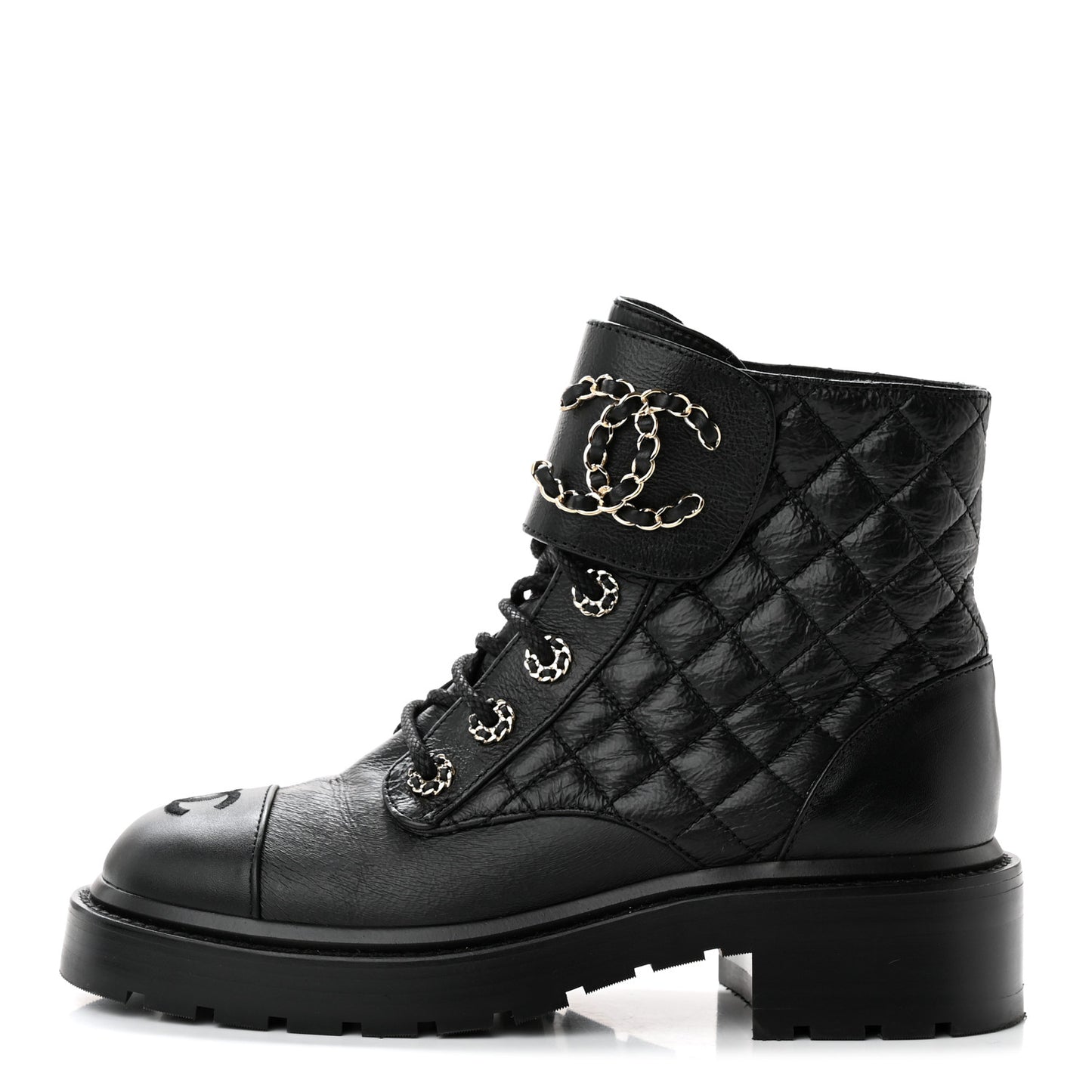 Shiny Goatskin Calfskin Quilted Lace Up Combat Boots 36.5 Black