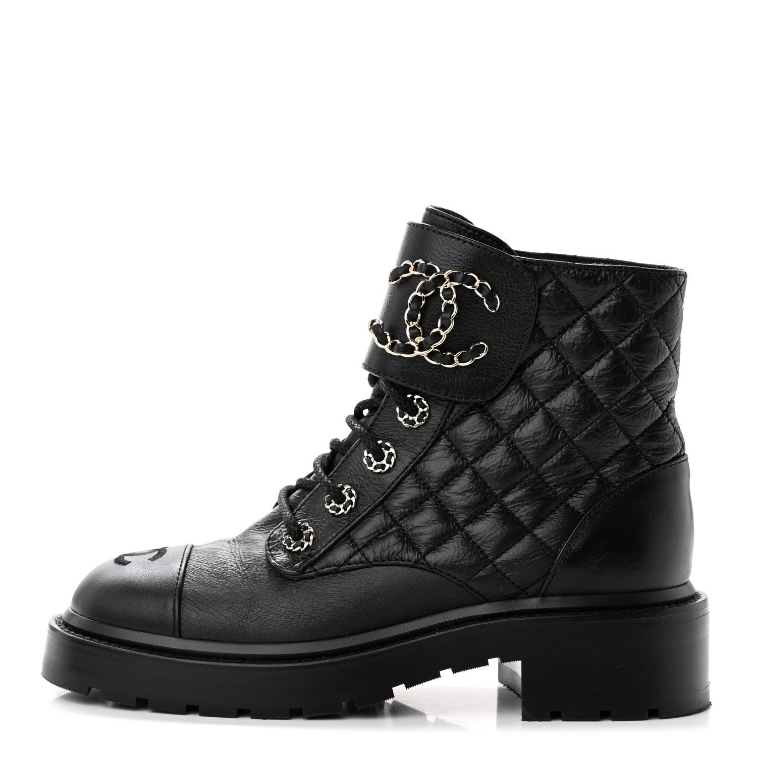 Chanel Shiny Goatskin Calfskin Quilted Lace Up Combat Boots 36.5 Black 1 of 11