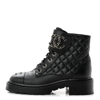 Chanel Shiny Goatskin Calfskin Quilted Lace Up Combat Boots 36.5 Black 1 of 11