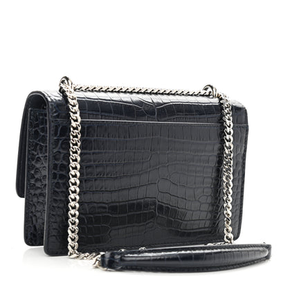 Saint Laurent Calfskin Crocodile Embossed Monogram Sunset Chain Wallet Navy 3 of 10