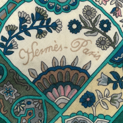 Hermes Cashmere Silk Au Pays Des Oiseaux Fleurs Shawl 140 Vert White Turquoise 2 of 9