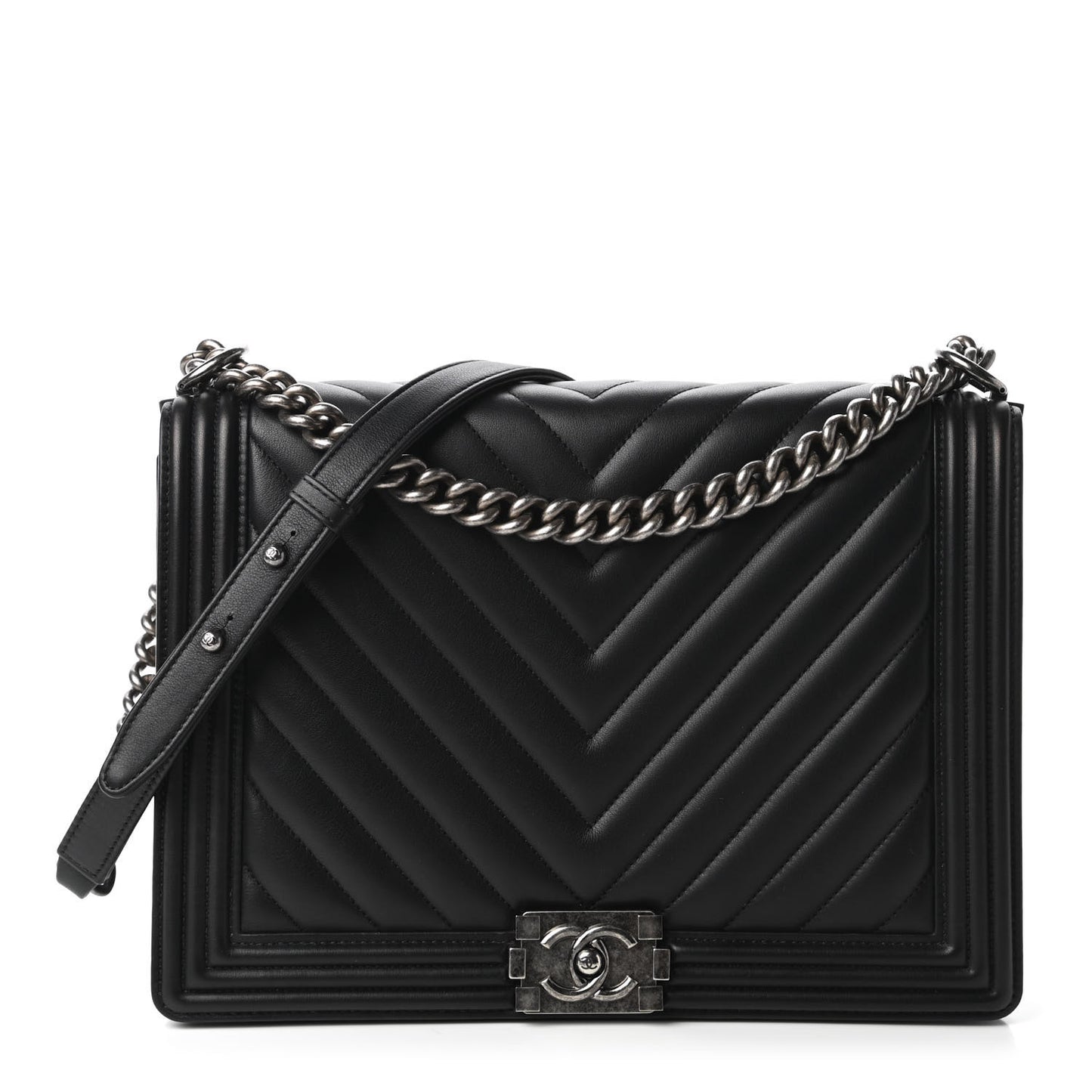 Calfskin Chevron Quilted Large Boy Flap Black