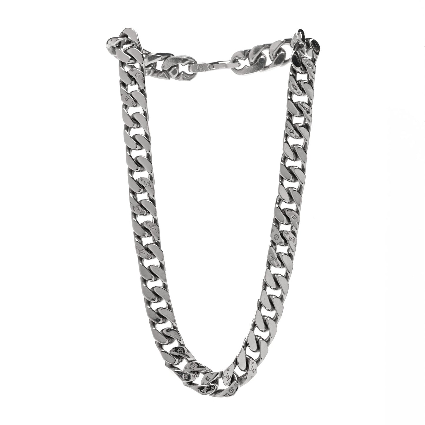 Metal Monogram Etched LV Chain Links Necklace Silver