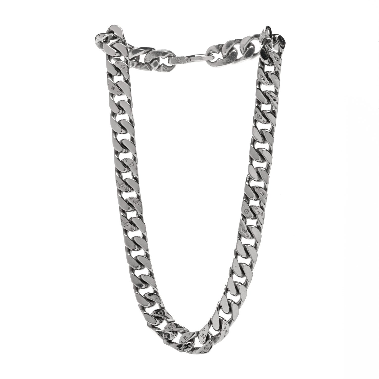 Louis Vuitton Metal Monogram Etched LV Chain Links Necklace Silver 3 of 5
