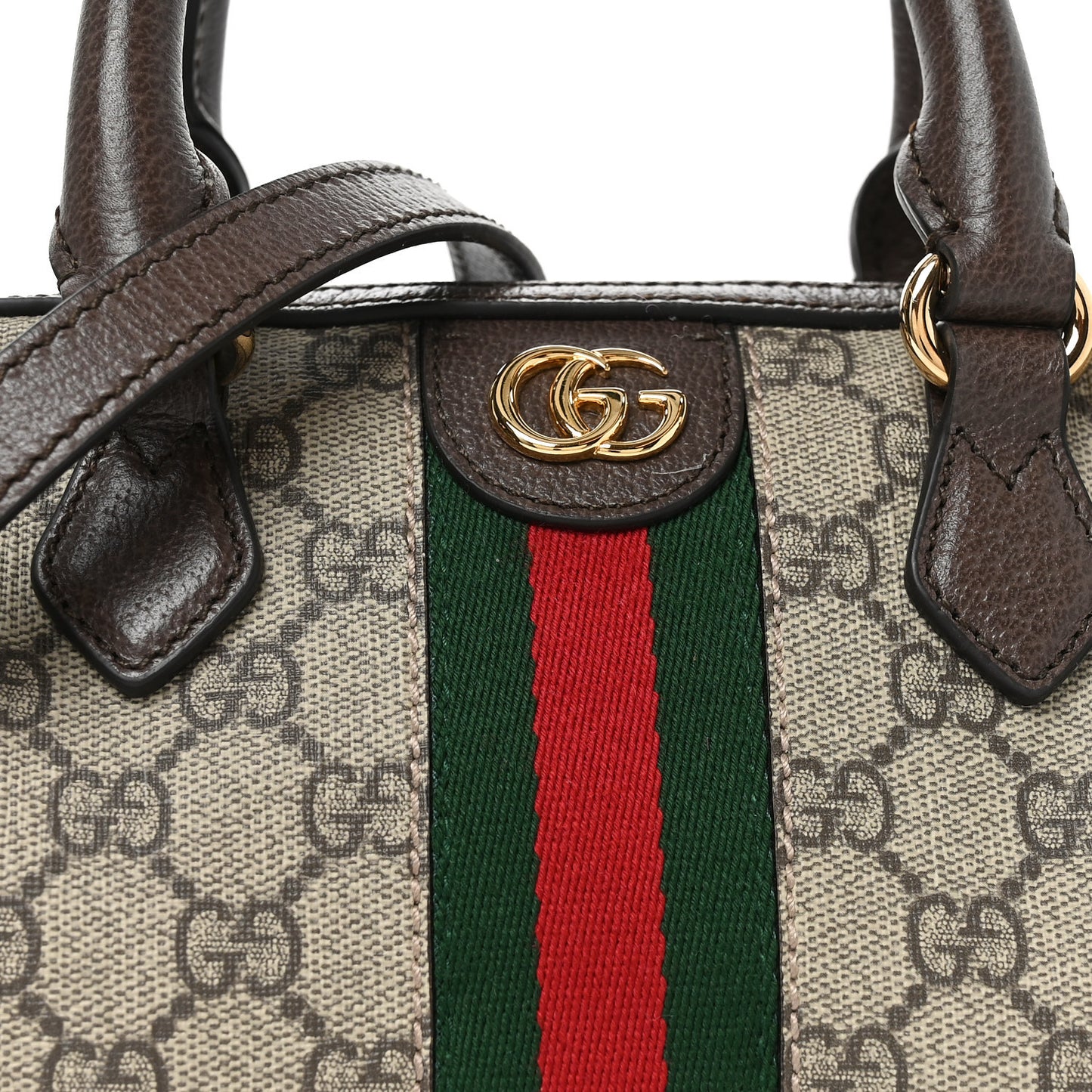 GG Supreme Monogram Textured Dollar Calfskin Web Mini Ophidia Top Handle Bag Beige Ebony New Acero