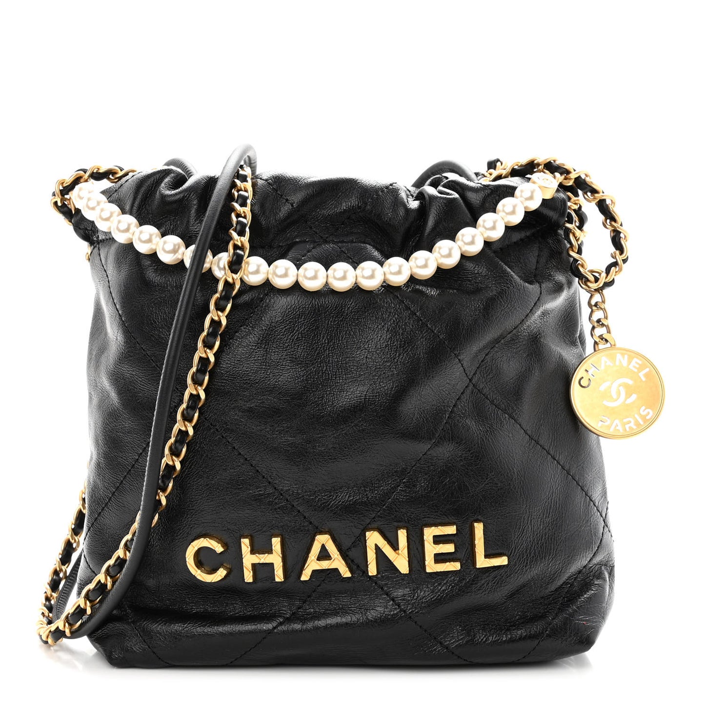 Shiny Crumpled Calfskin Quilted Pearl Mini Chanel 22 Black