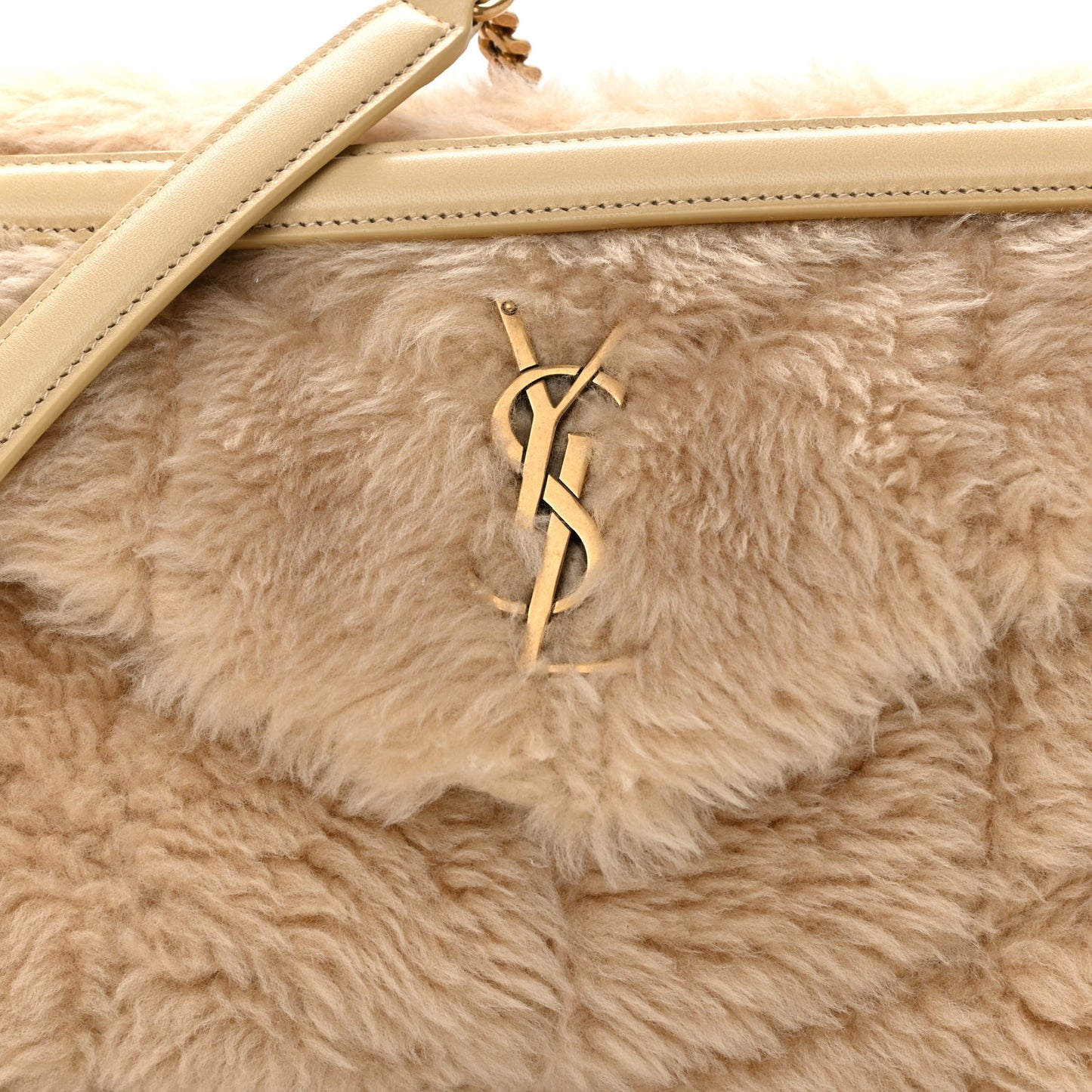 Merino Shearling Lambskin Quilted Small Loulou Puffer Monogram Chain Satchel Natural Beige