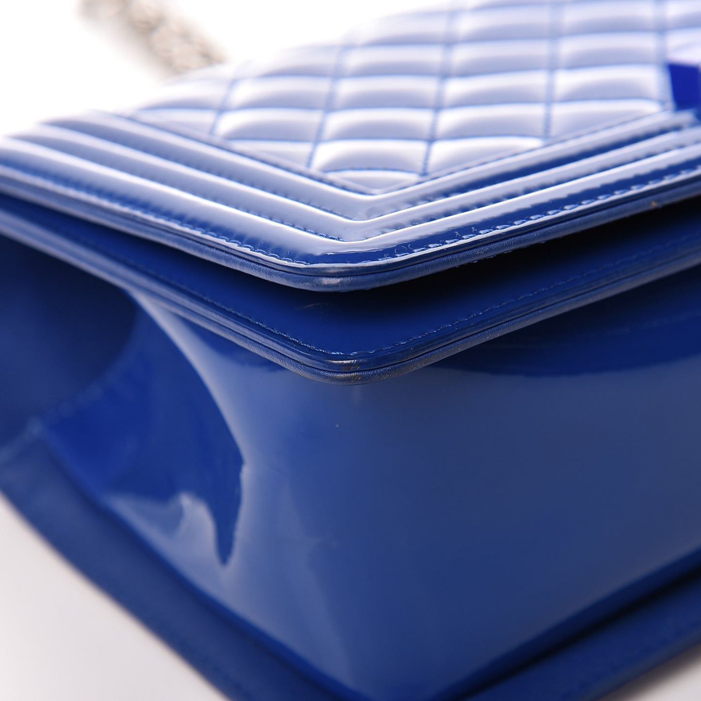 Patent Calfskin Quilted Medium Plexiglass Boy Flap Blue