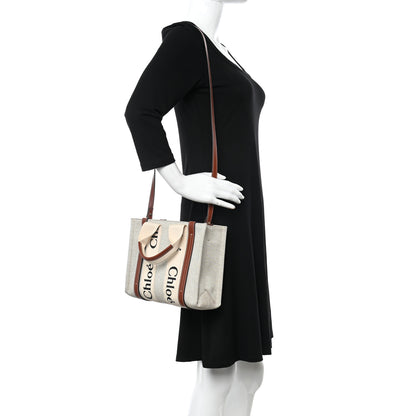 Chloe Cotton Calfskin Small Woody Ribbon Tote With Strap White Brown 2 of 10