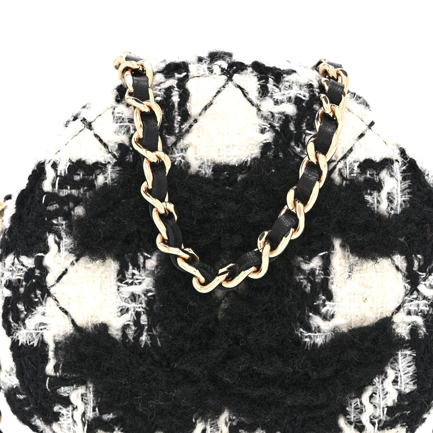 Chanel Wool Tweed Lambskin Quilted Round Clutch With Chain and Coin Purse Black White 9 of 11
